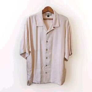 Tommy Bahama Shirt Men's XL Ivory 100% Silk Short‎ Sleeve Wooden Buttons Coastal
